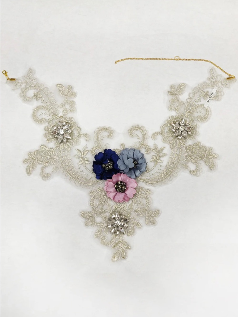 Romantic Lace Floral Necklace with Pink, Blue & Navy Flowers